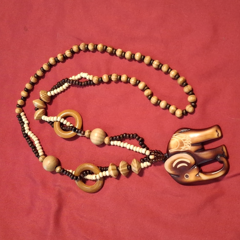 Wooden Elephant Pendant Necklace